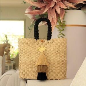 Chic Beige Woven Tote Bag with Black Handles